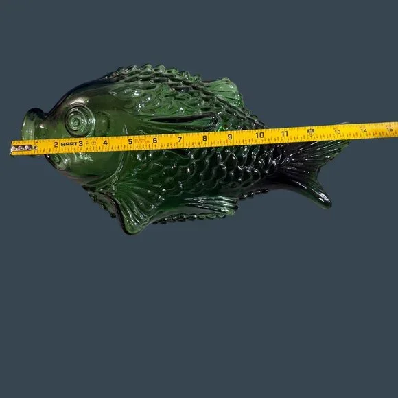 MCM Barware Green Glass Fish Bottle Decanter Bidders Whiskey Bottle Decor Retro